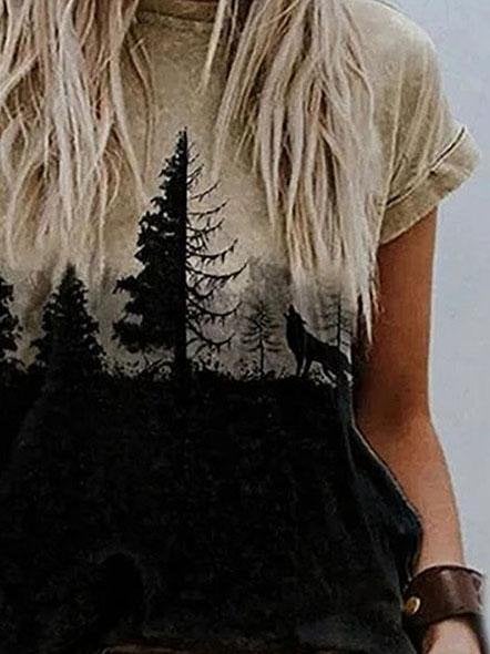 Tree Print Round Neck Short Sleeve T-shirt - T-Shirts - INS | Online Fashion Free Shipping Clothing, Dresses, Tops, Shoes - 31/05/2021 - Category_T-Shirts - Color_Multicolor