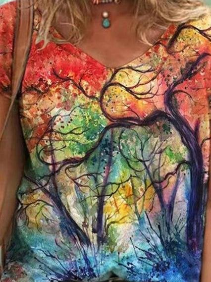 Tree Printed V-neck T-shirt - T-shirts - INS | Online Fashion Free Shipping Clothing, Dresses, Tops, Shoes - 10/06/2021 - Color_Red - Size_2XL
