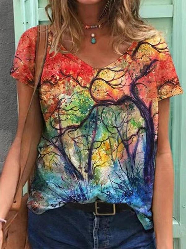 Tree Printed V-neck T-shirt - T-shirts - INS | Online Fashion Free Shipping Clothing, Dresses, Tops, Shoes - 10/06/2021 - Color_Red - Size_2XL