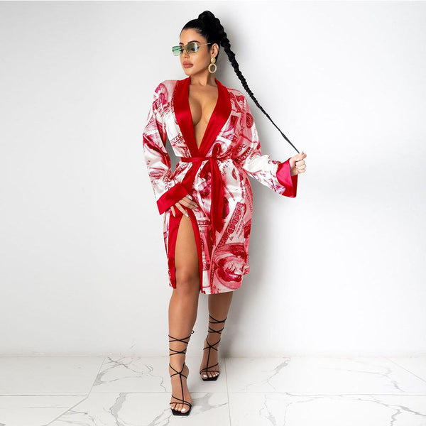 Trendy Dollar Print Long Sleeve Silky Kimono Bathrobe Sleepwear with Belt - Robes - INS | Online Fashion Free Shipping Clothing, Dresses, Tops, Shoes - 03/03/2021 - 2XL - Coffee