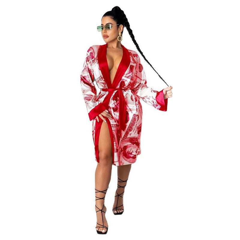 Trendy Dollar Print Long Sleeve Silky Kimono Bathrobe Sleepwear with Belt - Robes - INS | Online Fashion Free Shipping Clothing, Dresses, Tops, Shoes - 03/03/2021 - 2XL - Coffee