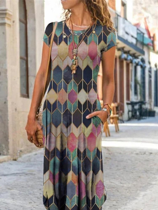 Trendy Printed Round Neck Short Sleeve Pocket Dress - Maxi Dresses - INS | Online Fashion Free Shipping Clothing, Dresses, Tops, Shoes - 24/05/2021 - Color_Blue - Color_Green