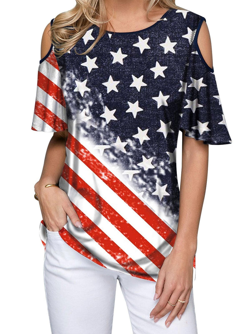 Trendy Stars Print Off Shoulder Short Sleeve T-shirt - T-shirts - INS | Online Fashion Free Shipping Clothing, Dresses, Tops, Shoes - 03/06/2021 - Color_Red - Season_Summer