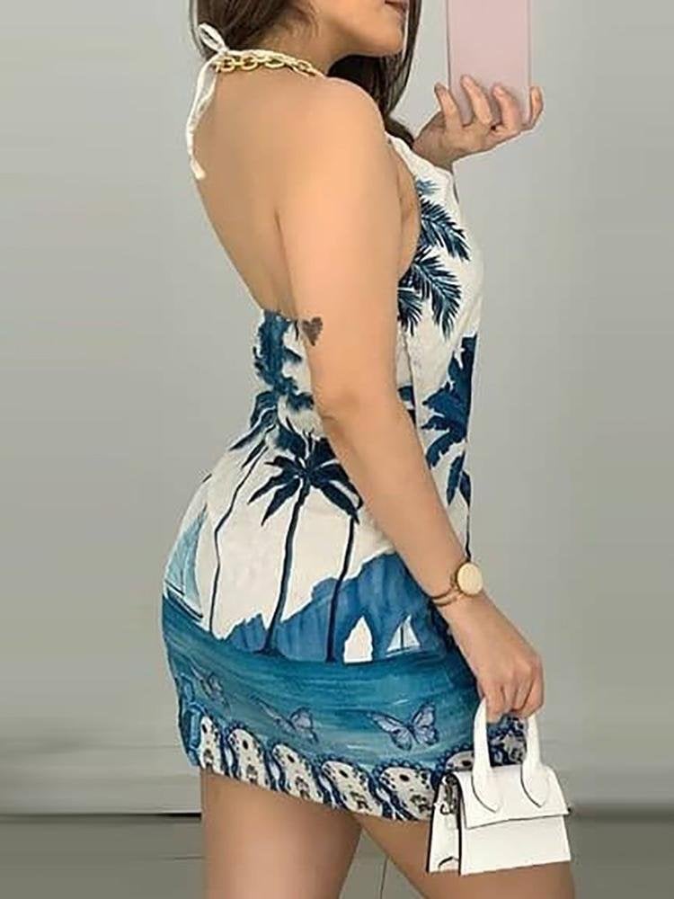 Tropical Butterfly Print Backless Dress - Mini Dresses - INS | Online Fashion Free Shipping Clothing, Dresses, Tops, Shoes - 29/04/2021 - Category_Mini Dresses - Color_Blue