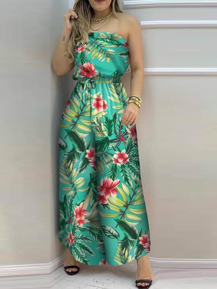 Tropical Print Bandeau Wide Leg Jumpsuit - Jumpsuits & Rompers - INS | Online Fashion Free Shipping Clothing, Dresses, Tops, Shoes - 30/04/2021 - Color_Green - Color_Multicolor