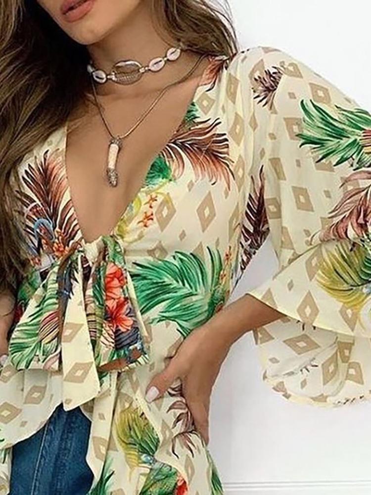 Tropical Print Bell Sleeve Top - Blouses - INS | Online Fashion Free Shipping Clothing, Dresses, Tops, Shoes - 28/04/2021 - BLO210428055 - Blouses