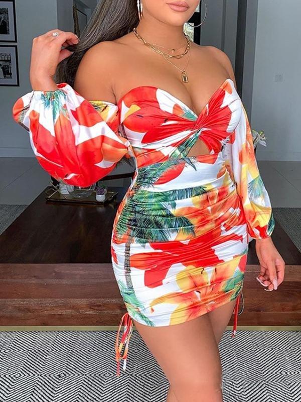 Tropical Print Cutout Drawstring Mini Dress - Mini Dresses - INS | Online Fashion Free Shipping Clothing, Dresses, Tops, Shoes - 23/04/2021 - Catagory_Mini Dresses - Color_Orange