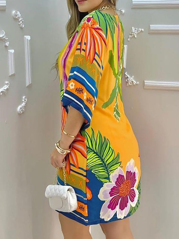 Tropical Print Half Sleeve Casual Dress - Mini Dresses - INS | Online Fashion Free Shipping Clothing, Dresses, Tops, Shoes - 29/04/2021 - Category_Mini Dresses - Color_Yellow