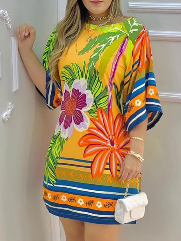 Tropical Print Half Sleeve Casual Dress - Mini Dresses - INS | Online Fashion Free Shipping Clothing, Dresses, Tops, Shoes - 29/04/2021 - Category_Mini Dresses - Color_Yellow