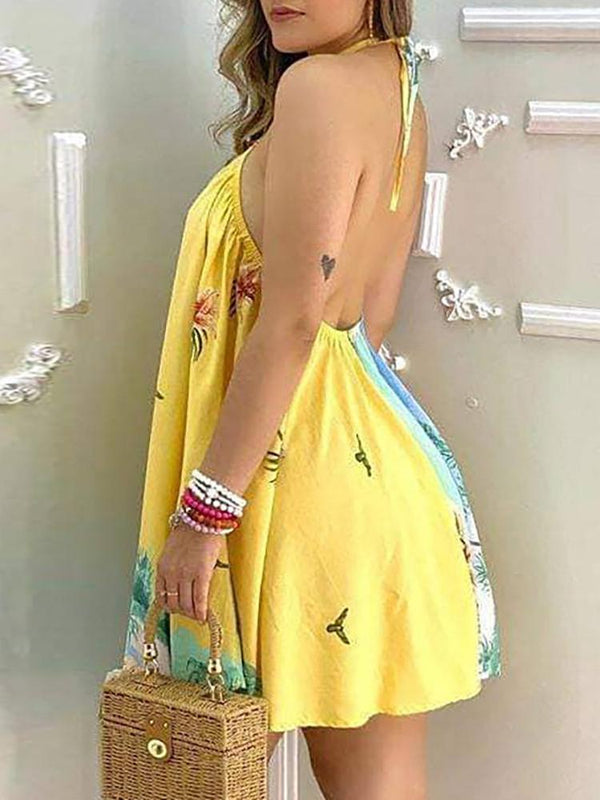 Tropical Print Halter Backless Dress - Mini Dresses - INS | Online Fashion Free Shipping Clothing, Dresses, Tops, Shoes - 28/04/2021 - Category_Mini Dresses - Color_Yellow