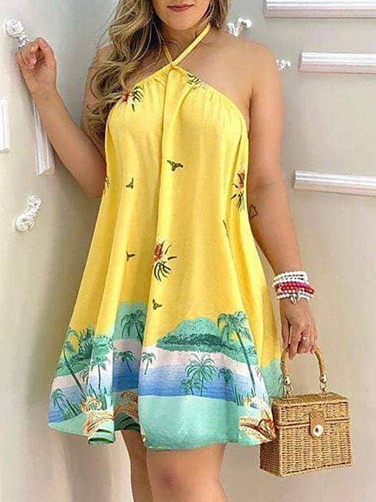 Tropical Print Halter Backless Dress - Mini Dresses - INS | Online Fashion Free Shipping Clothing, Dresses, Tops, Shoes - 28/04/2021 - Category_Mini Dresses - Color_Yellow