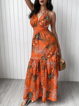 Tropical Print Halter Backless Maxi Dress - Maxi Dresses - INS | Online Fashion Free Shipping Clothing, Dresses, Tops, Shoes - 28/04/2021 - Category_Maxi Dresses - Color_Orange