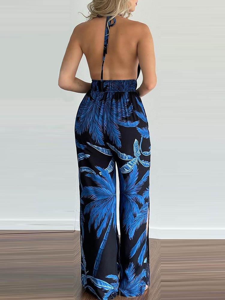 Tropical Print Halter V Neck Jumpsuit - Jumpsuits & Rompers - INS | Online Fashion Free Shipping Clothing, Dresses, Tops, Shoes - 29/04/2021 - Color_Green - Color_Orange