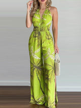 Tropical Print Halter V Neck Jumpsuit - Jumpsuits & Rompers - INS | Online Fashion Free Shipping Clothing, Dresses, Tops, Shoes - 29/04/2021 - Color_Green - Color_Orange