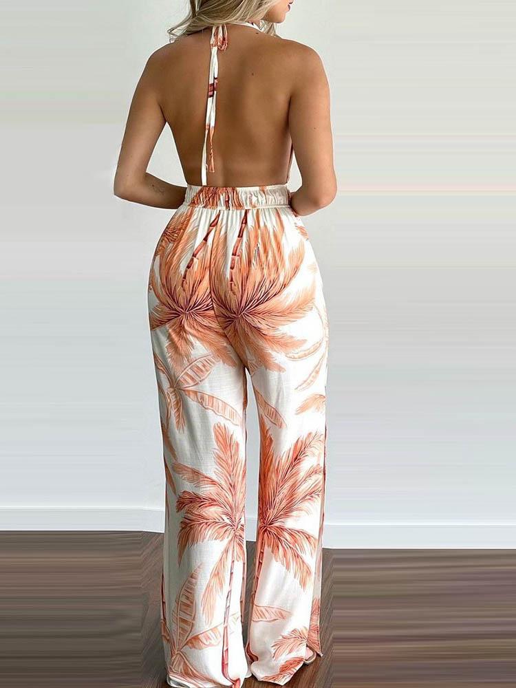 Tropical Print Halter V Neck Jumpsuit - Jumpsuits & Rompers - INS | Online Fashion Free Shipping Clothing, Dresses, Tops, Shoes - 29/04/2021 - Color_Green - Color_Orange