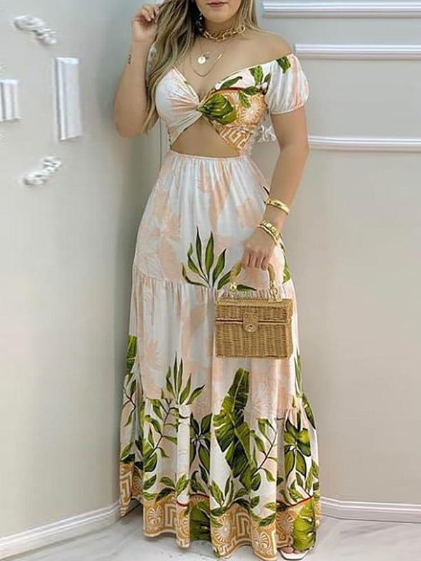 Tropical Print Hollow-out Design Off Shoulder V Neck Maxi Dress - Maxi Dresses - INS | Online Fashion Free Shipping Clothing, Dresses, Tops, Shoes - 28/04/2021 - Color_Multicolor - DRE210428104