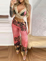 Tropical Print Lace Trim Crop Top & Slit Pants Set - Two-piece Outfits - INS | Online Fashion Free Shipping Clothing, Dresses, Tops, Shoes - 04/05/2021 - Color_Blue - Color_Pink