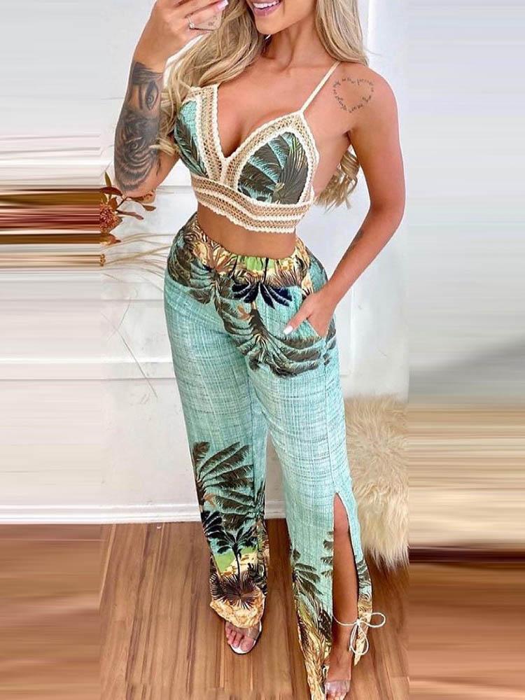 Tropical Print Lace Trim Crop Top & Slit Pants Set - Two-piece Outfits - INS | Online Fashion Free Shipping Clothing, Dresses, Tops, Shoes - 04/05/2021 - Color_Blue - Color_Pink