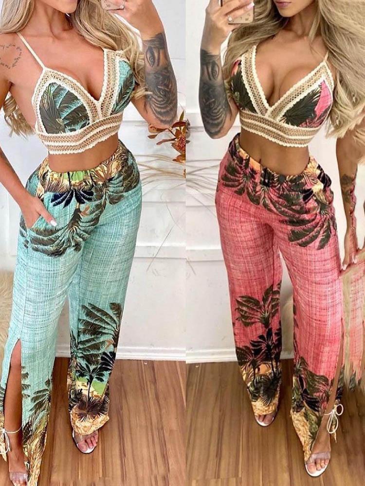 Tropical Print Lace Trim Crop Top & Slit Pants Set - Two-piece Outfits - INS | Online Fashion Free Shipping Clothing, Dresses, Tops, Shoes - 04/05/2021 - Color_Blue - Color_Pink