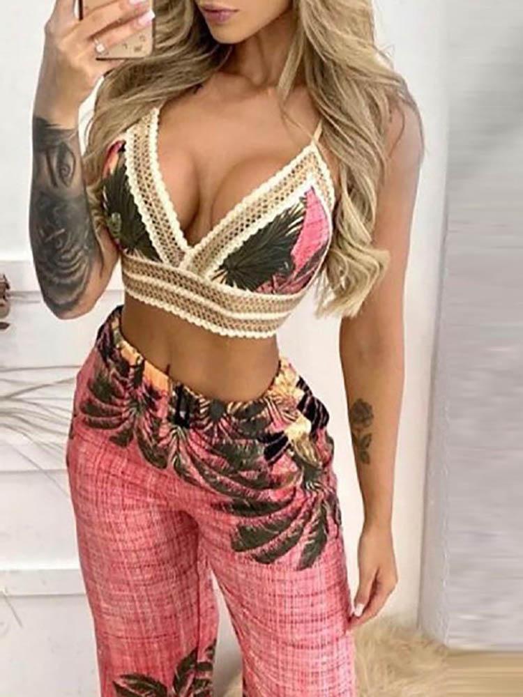 Tropical Print Lace Trim Crop Top & Slit Pants Set - Two-piece Outfits - INS | Online Fashion Free Shipping Clothing, Dresses, Tops, Shoes - 04/05/2021 - Color_Blue - Color_Pink