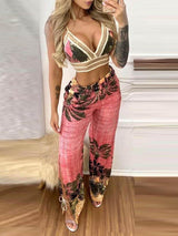 Tropical Print Lace Trim Crop Top & Slit Pants Set - Two-piece Outfits - INS | Online Fashion Free Shipping Clothing, Dresses, Tops, Shoes - 04/05/2021 - Color_Blue - Color_Pink