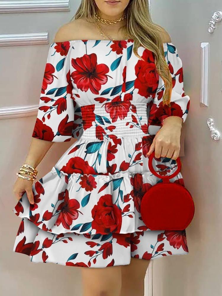 Tropical Print Off Shoulder Casual Dress - Mini Dresses - INS | Online Fashion Free Shipping Clothing, Dresses, Tops, Shoes - 28/04/2021 - Color_Orange - Color_Red