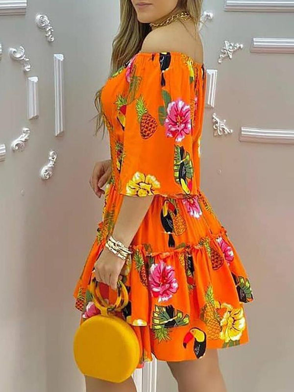 Tropical Print Off Shoulder Casual Dress - Mini Dresses - INS | Online Fashion Free Shipping Clothing, Dresses, Tops, Shoes - 28/04/2021 - Color_Orange - Color_Red