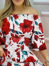 Tropical Print Off Shoulder Casual Dress - Mini Dresses - INS | Online Fashion Free Shipping Clothing, Dresses, Tops, Shoes - 28/04/2021 - Color_Orange - Color_Red