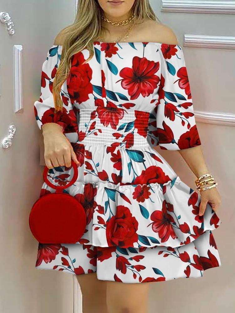 Tropical Print Off Shoulder Casual Dress - Mini Dresses - INS | Online Fashion Free Shipping Clothing, Dresses, Tops, Shoes - 28/04/2021 - Color_Orange - Color_Red