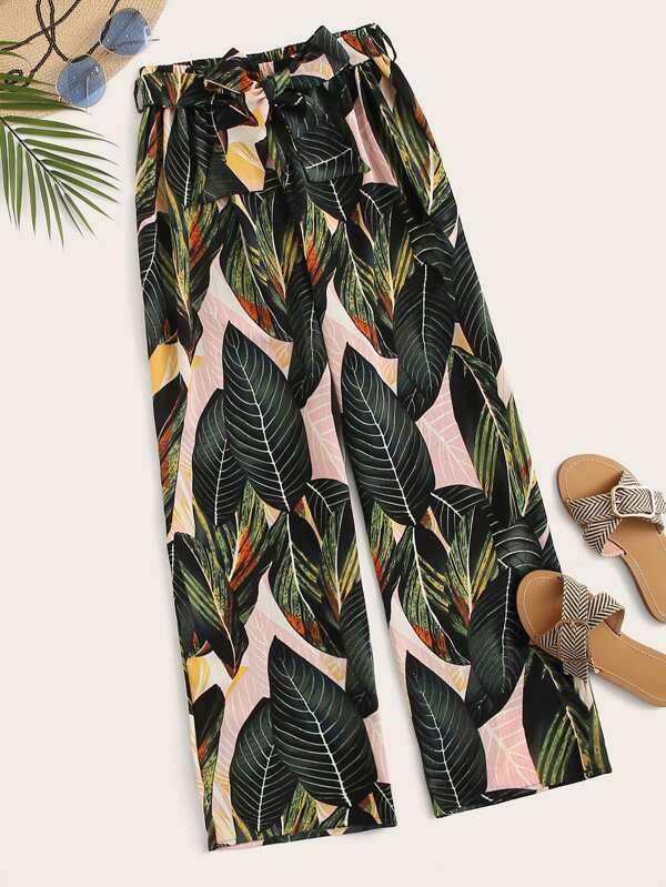 Tropical Print Self Tie Elastic Waist Pants - INS | Online Fashion Free Shipping Clothing, Dresses, Tops, Shoes