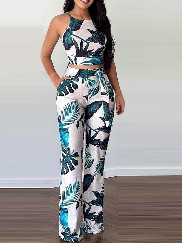 Tropical Print Top & Pants Set - Two-piece Outfits - INS | Online Fashion Free Shipping Clothing, Dresses, Tops, Shoes - 04/05/2021 - Color_Blue - SET210504063