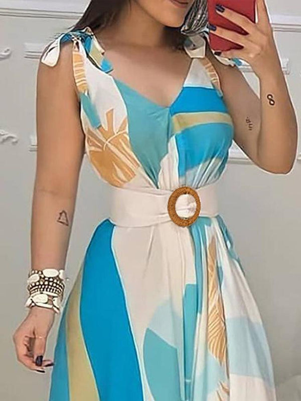 Tropical Print V Neck Tie Up Maxi Dress With Belt - Maxi Dresses - INS | Online Fashion Free Shipping Clothing, Dresses, Tops, Shoes - 28/04/2021 - Color_ Blue - DRE210428100