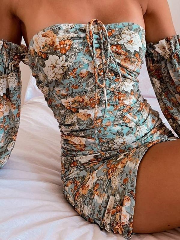 Tube Top Print Ruched Bodycon Mini Dress - Mini Dresses - INS | Online Fashion Free Shipping Clothing, Dresses, Tops, Shoes - 23/04/2021 - Catagory_Mini Dresses - Color_Light Blue