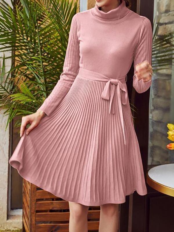 Turtle Neck Belted Ribbed Knit Sweater Dress - Dresses - INS | Online Fashion Free Shipping Clothing, Dresses, Tops, Shoes - 02/02/2021 - Autumn - Casual Dresses