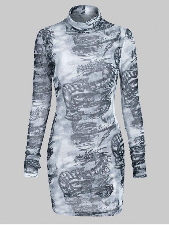 Turtleneck Oriental Dragon Print Sheer Mesh Bodycon Dess - INS | Online Fashion Free Shipping Clothing, Dresses, Tops, Shoes