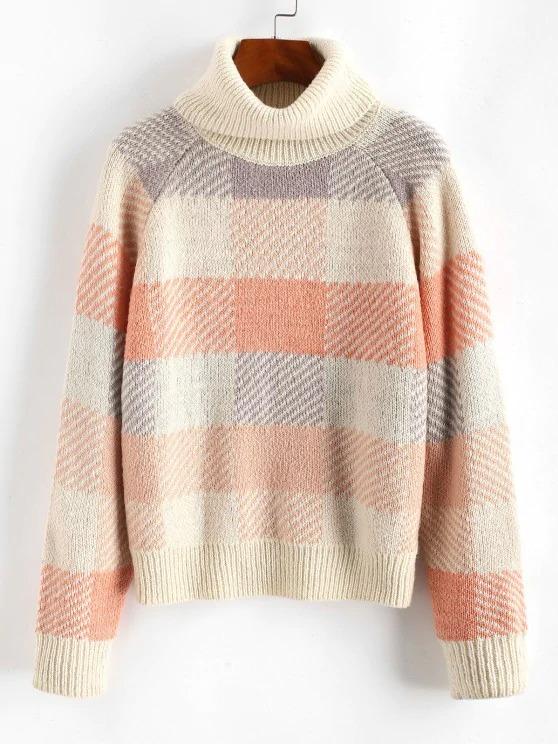 Turtleneck Raglan Sleeve Plaid Sweater - INS | Online Fashion Free Shipping Clothing, Dresses, Tops, Shoes