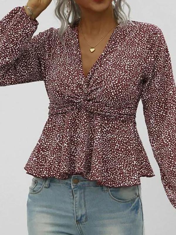 Twist Peplum Hem Spotted Print Blouse - Blouses - INS | Online Fashion Free Shipping Clothing, Dresses, Tops, Shoes - 02/08/2021 - Autumn - Blouses