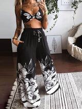 Twisted Front Floral Print Crop Top & Wide Leg Pants Set - Two-piece Outfits - INS | Online Fashion Free Shipping Clothing, Dresses, Tops, Shoes - 04/05/2021 - Color_Black - SET210504057