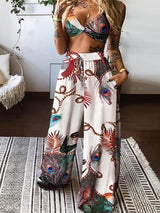 Twisted Front Peacock Print Crop Top & Drawstring Wide Leg Pants Set - Two-piece Outfits - INS | Online Fashion Free Shipping Clothing, Dresses, Tops, Shoes - 04/05/2021 - Color_Multicolor - SET210504070