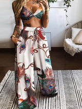Twisted Front Peacock Print Crop Top & Drawstring Wide Leg Pants Set - Two-piece Outfits - INS | Online Fashion Free Shipping Clothing, Dresses, Tops, Shoes - 04/05/2021 - Color_Multicolor - SET210504070