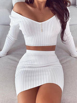 Two Piece V-Neck Off Shoulder Long Sleeve Top & Short Skirt - Sets - INS | Online Fashion Free Shipping Clothing, Dresses, Tops, Shoes - 11/06/2021 - Bottom - Category_Sets