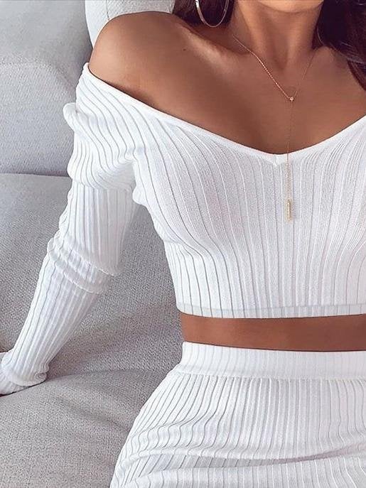 Two Piece V-Neck Off Shoulder Long Sleeve Top & Short Skirt - Sets - INS | Online Fashion Free Shipping Clothing, Dresses, Tops, Shoes - 11/06/2021 - Bottom - Category_Sets