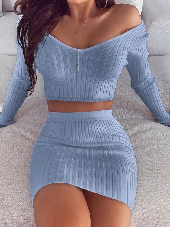 Two Piece V-Neck Off Shoulder Long Sleeve Top & Short Skirt - Sets - INS | Online Fashion Free Shipping Clothing, Dresses, Tops, Shoes - 11/06/2021 - Bottom - Category_Sets
