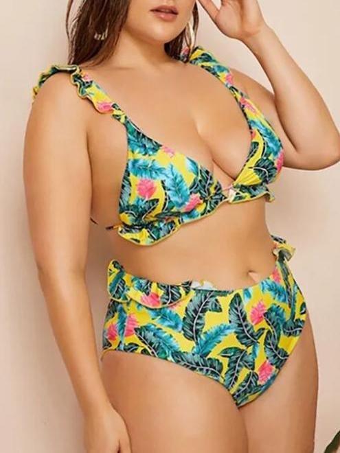 Two-piece Wireless Swimsuit With Enlarged Leaf Print Ruffle - Plus Bikinis - INS | Online Fashion Free Shipping Clothing, Dresses, Tops, Shoes - 22/04/2021 - Color_Multicolor - Plus Bikinis