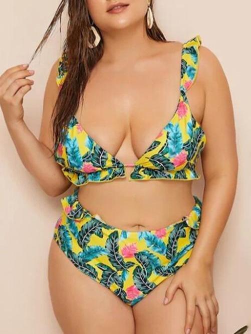 Two-piece Wireless Swimsuit With Enlarged Leaf Print Ruffle - Plus Bikinis - INS | Online Fashion Free Shipping Clothing, Dresses, Tops, Shoes - 22/04/2021 - Color_Multicolor - Plus Bikinis