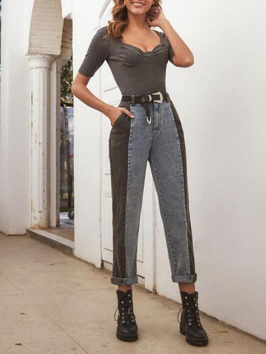 Two Tone Pocket Side Mom Jeans - Denims - INS | Online Fashion Free Shipping Clothing, Dresses, Tops, Shoes - 02/01/2021 - Autumn - Basic