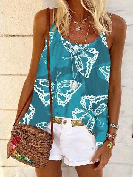 U Neck Butterfly Print Loose Camisole - Tank Tops - INS | Online Fashion Free Shipping Clothing, Dresses, Tops, Shoes - 10-20 - 21/07/2021 - color-blue