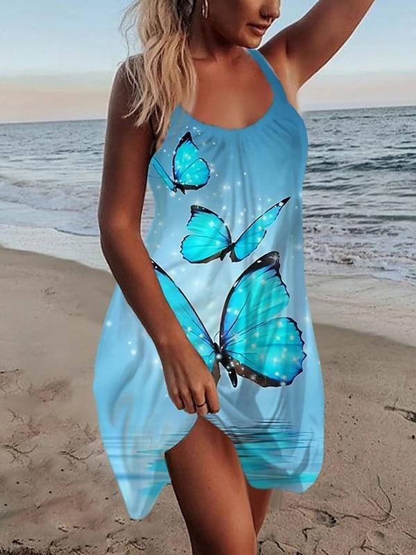 U-neck Printed Sleeveless Suspender Skirt - Mini Dresses - INS | Online Fashion Free Shipping Clothing, Dresses, Tops, Shoes - 20-30 - 27/07/2021 - color-blue