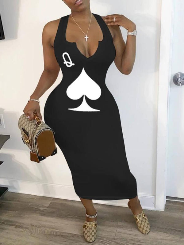 U-notch Spades Q Print Wrap Mid Calf Dress - Bodycon Dresses - INS | Online Fashion Free Shipping Clothing, Dresses, Tops, Shoes - 23/04/2021 - Bodycon Dresses - Color_Black