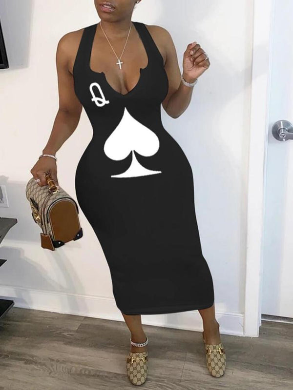 U-notch Spades Q Print Wrap Mid Calf Dress - Bodycon Dresses - INS | Online Fashion Free Shipping Clothing, Dresses, Tops, Shoes - 23/04/2021 - Bodycon Dresses - Color_Black